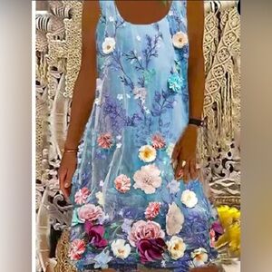 New A-Line Floral Flowy Round Neck Dress Boho Sz S